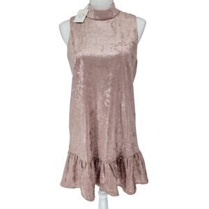 TCEC Blush Pink Velvet Mock Neck Ruffle Mini Dress Party,‎ Wedding, Glam, Size M